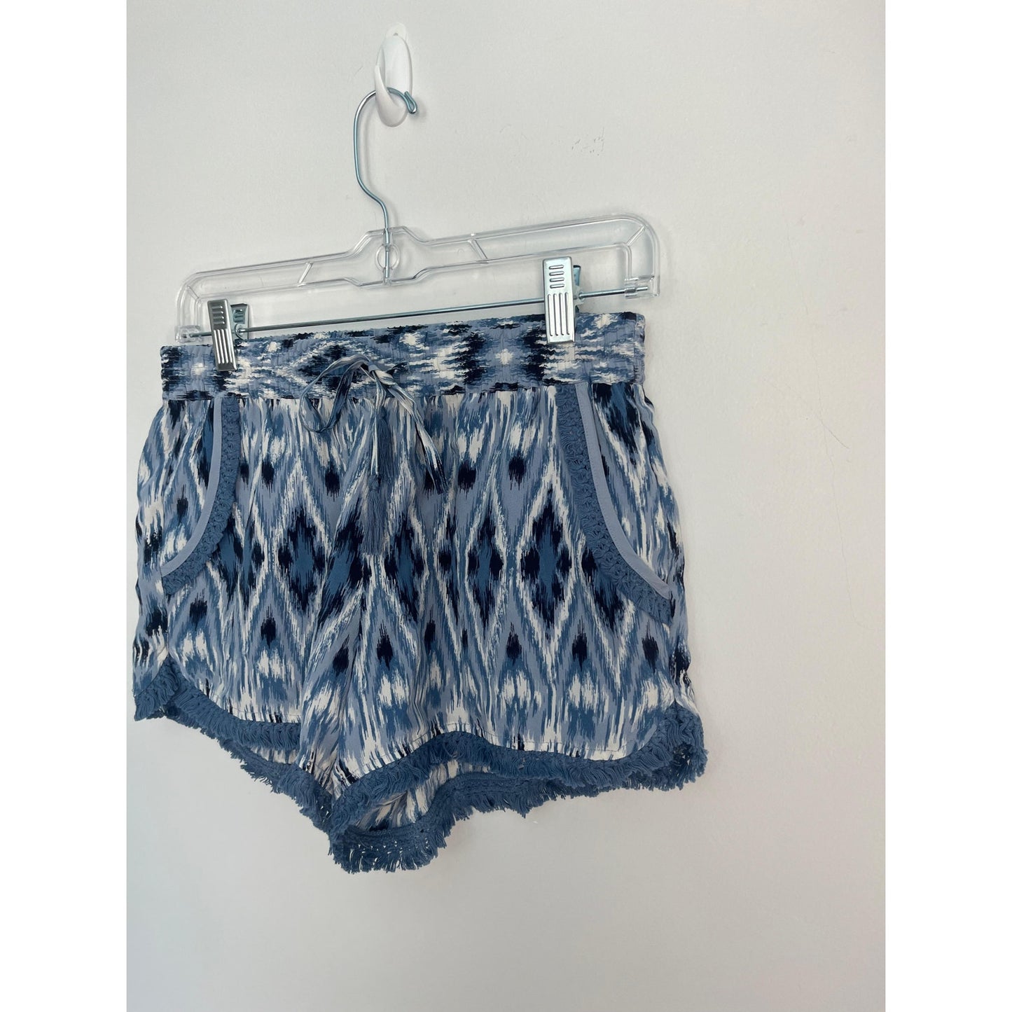 Joie Printed Shorts Women XS Blue White Ikat Smocked Waist Fringe Hem