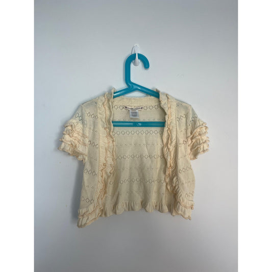 Nanette Lepore Ruffle Knit Shrug Cardigan Women XS Cream Eyelet Cropped Boho
