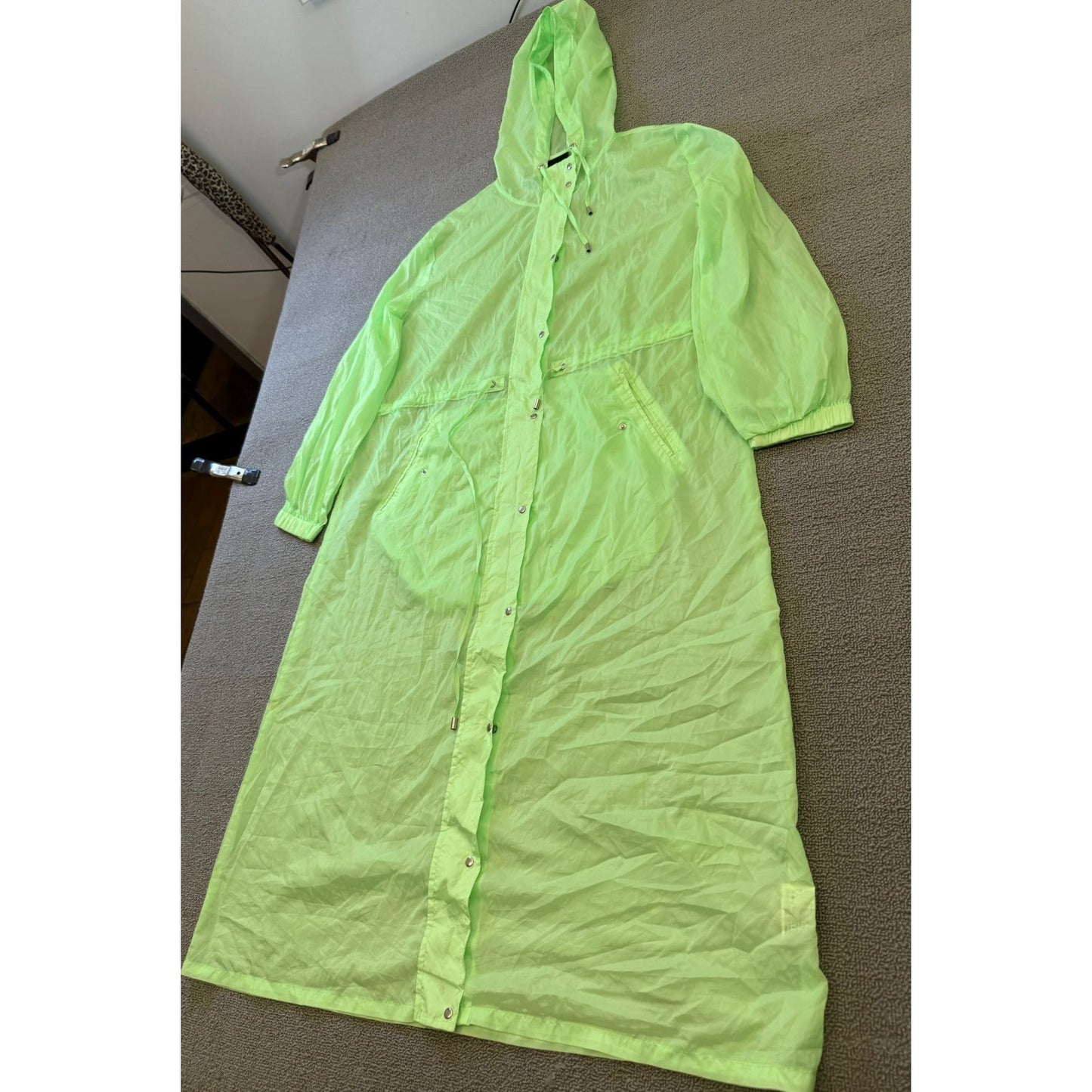 Forever 21 Women's Size S Neon Green Hooded Raincoat Trench Coat
