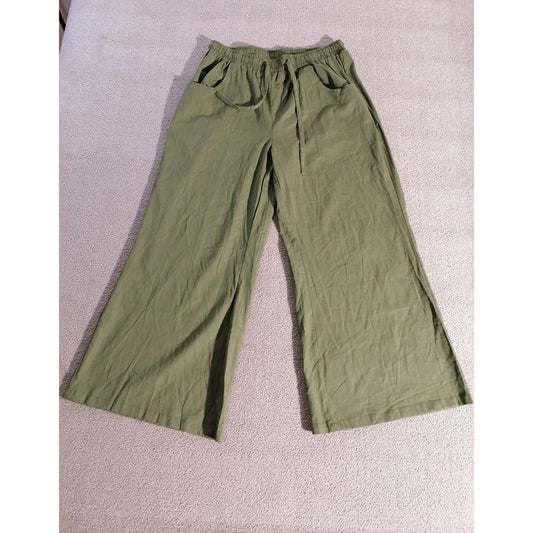HongSui Large Female Olive Green Wide Leg Linen Blend Drawstring Palazzo Pants