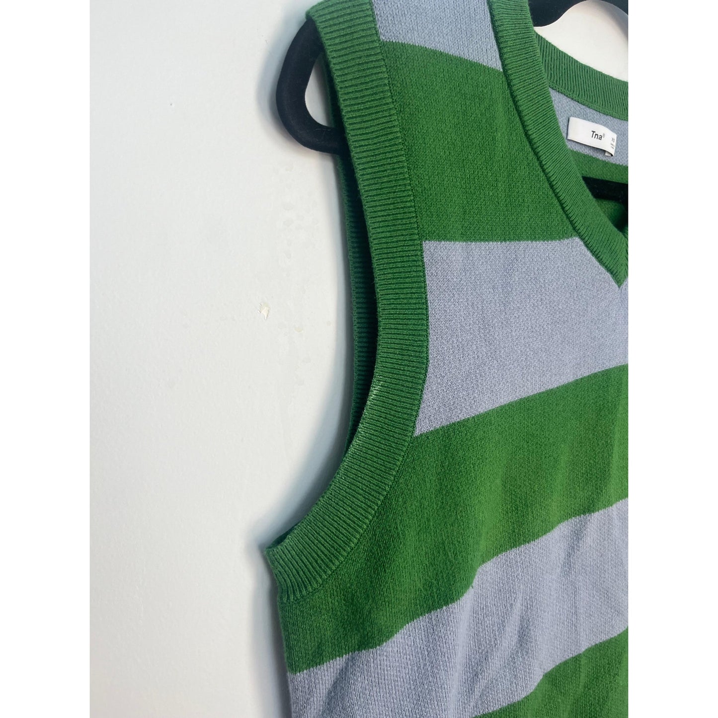 TNA Sweater Vest Women XS Green Gray Stripe V Neck Knit Preppy Y2K