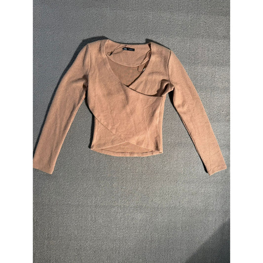 Zara Women’s Tan Ribbed Asymmetrical Long Sleeve Top Size Small Soft Fall