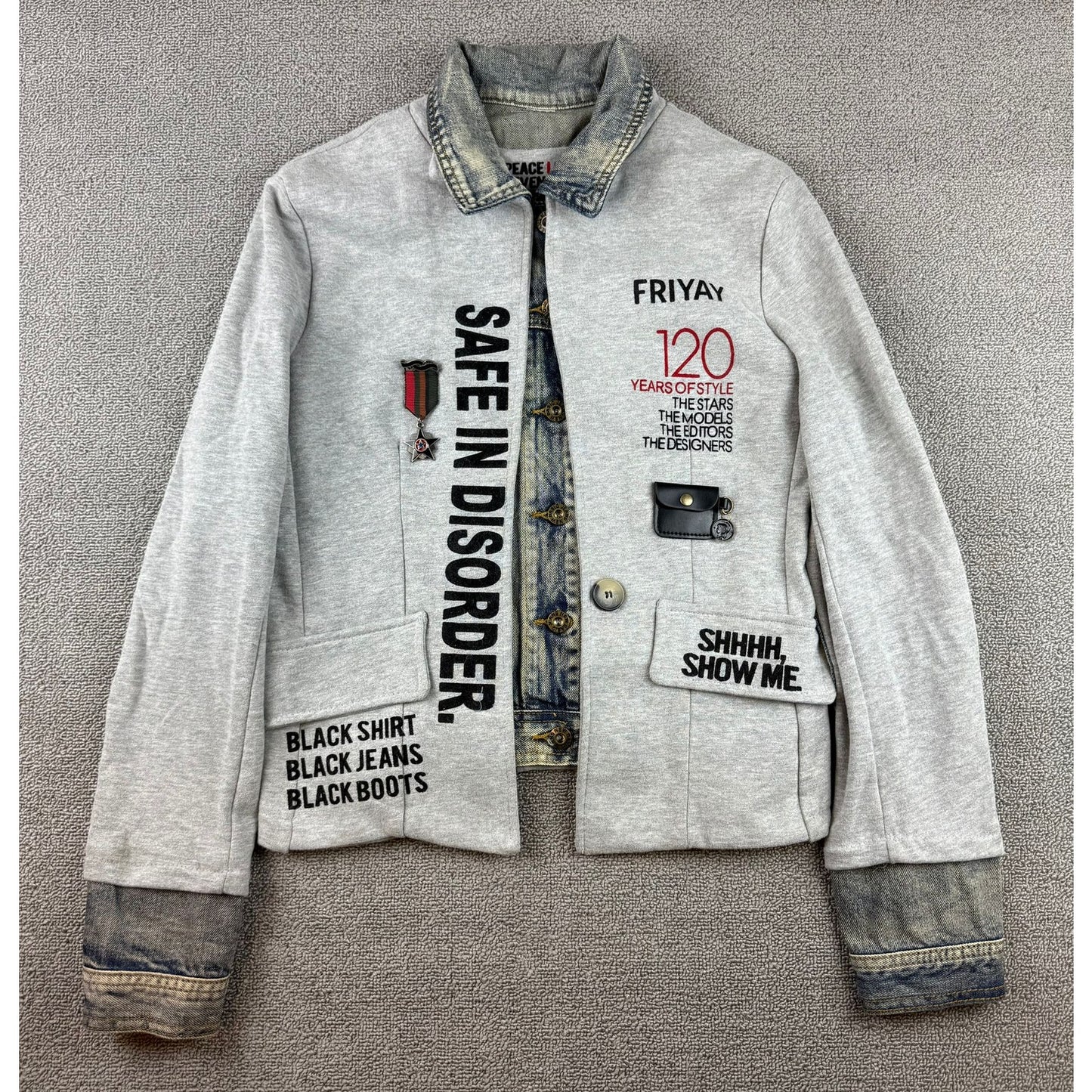 Peace Love & Seven Seventy Women's Small Graphic Patchwork Art Denim Mix Jacket