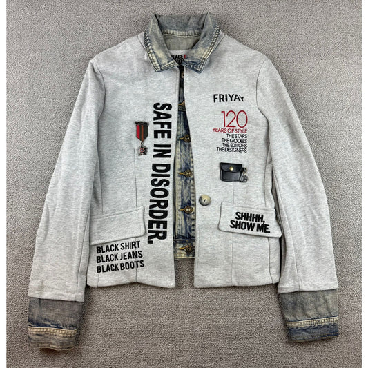 Peace Love & Seven Seventy Women's Small Graphic Patchwork Art Denim Mix Jacket