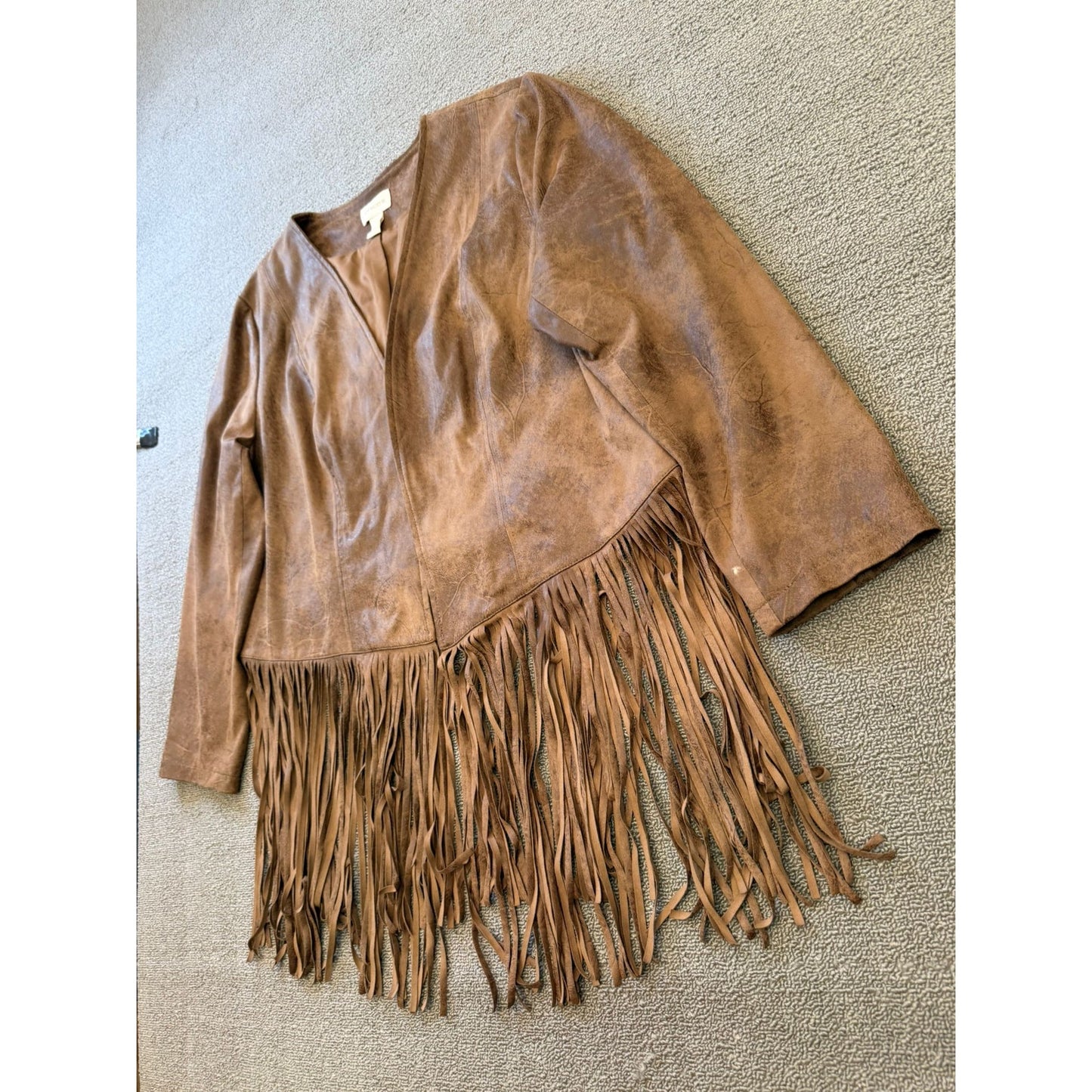 Chicos Womens Size 3 Faux Suede Fringe Jacket Brown Bohemian Style Cardigan