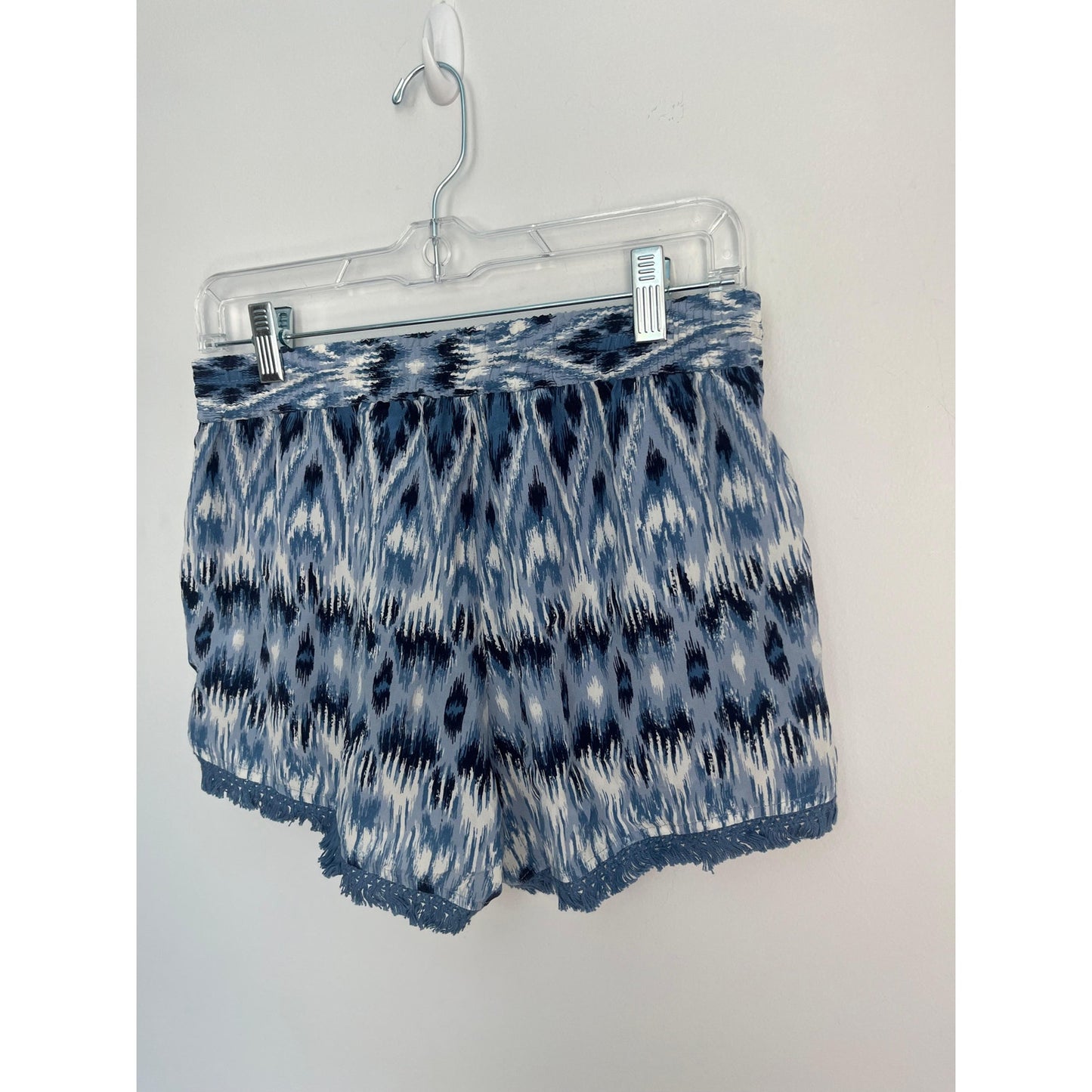Joie Printed Shorts Women XS Blue White Ikat Smocked Waist Fringe Hem