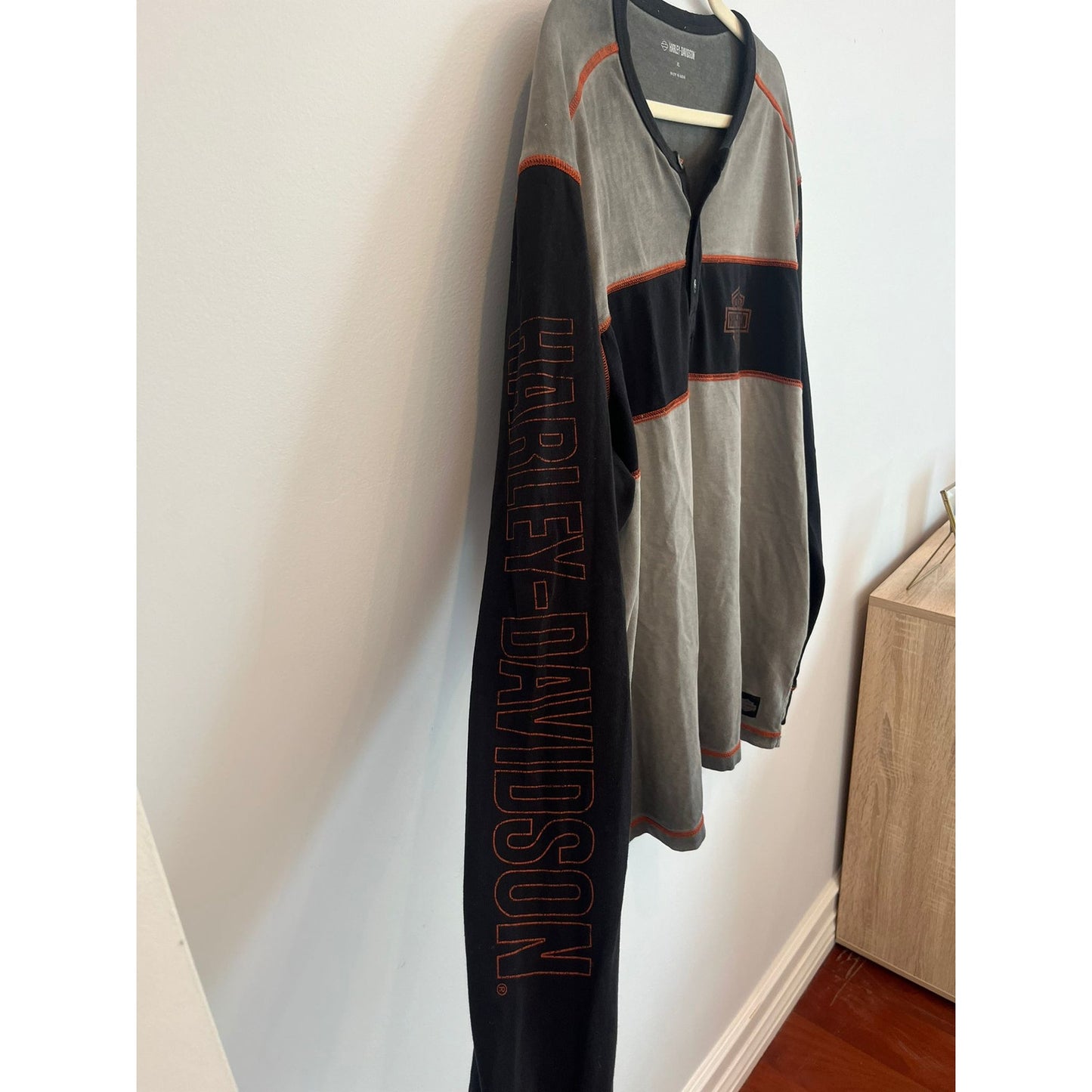 Harley Davidson Henley Shirt Men XL Gray Black Long Sleeve Logo Vintage Style