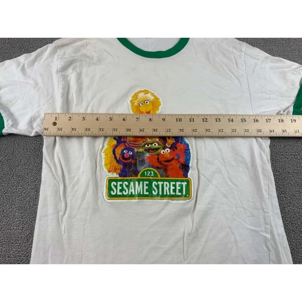 VTG Sesame Street Medium White Green Ringer Graphic T Shirt USA Made