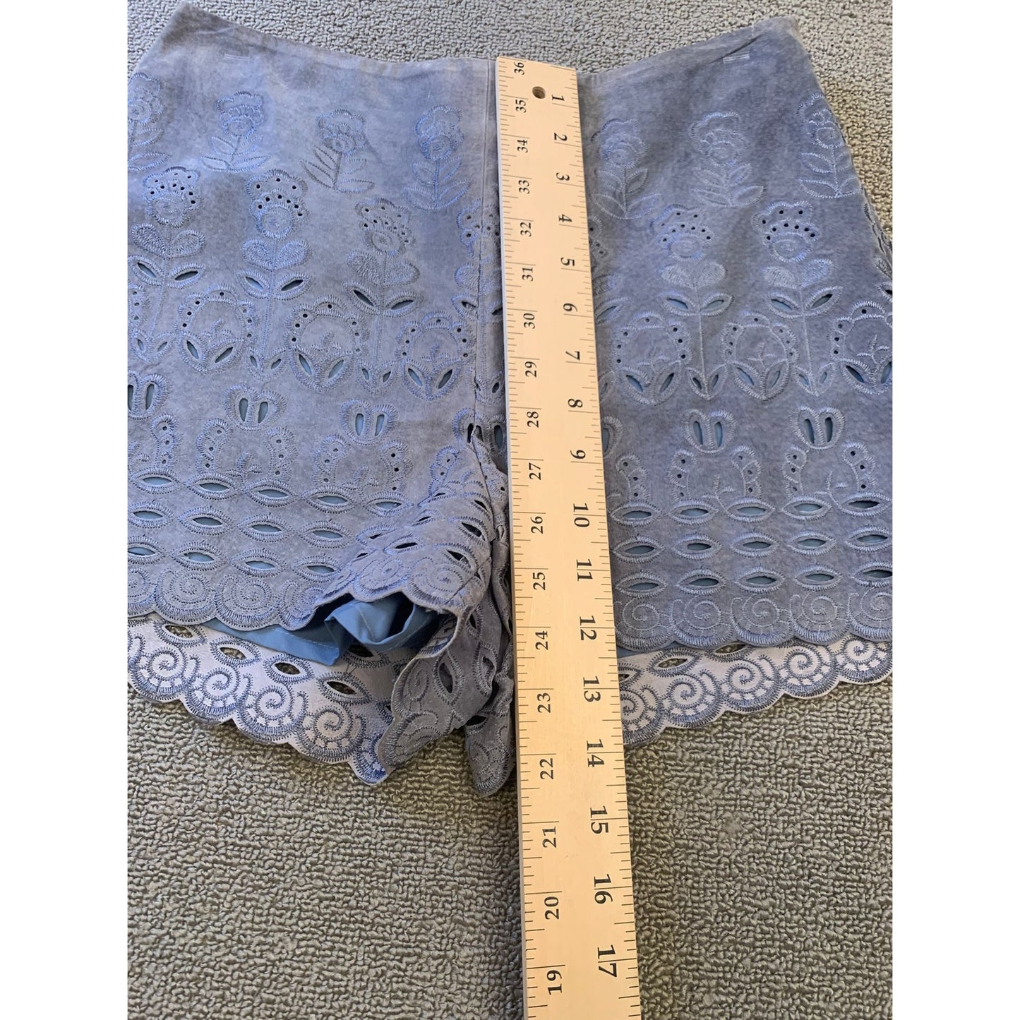 INTERMIX Women's Suede Shorts S Blue Floral Laser Cut Scalloped Hem High Waist