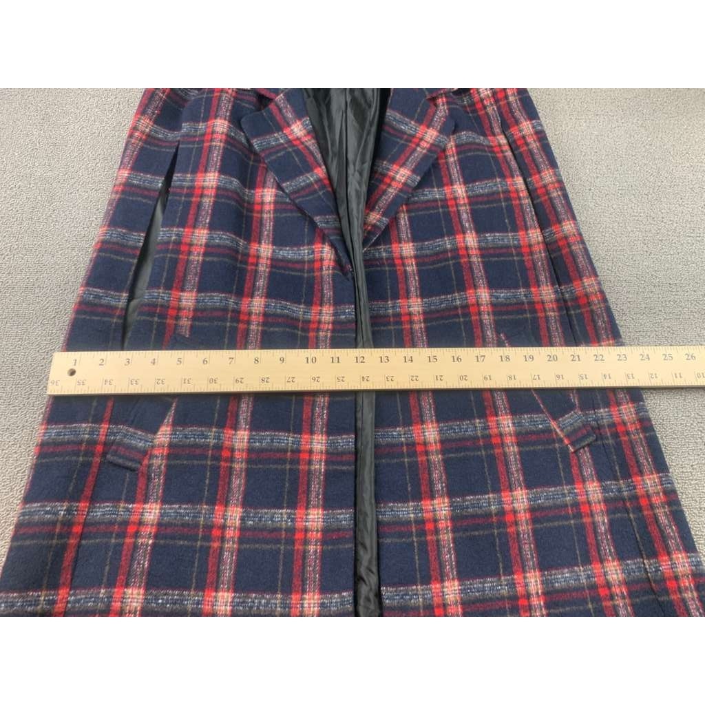 Love & Other Things Women M Navy Red Plaid Over Coat With Pockets