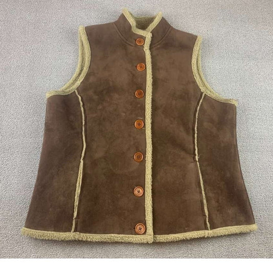 Boden Vest Women Large Faux Suede Shearling Lined Button Closure Brown