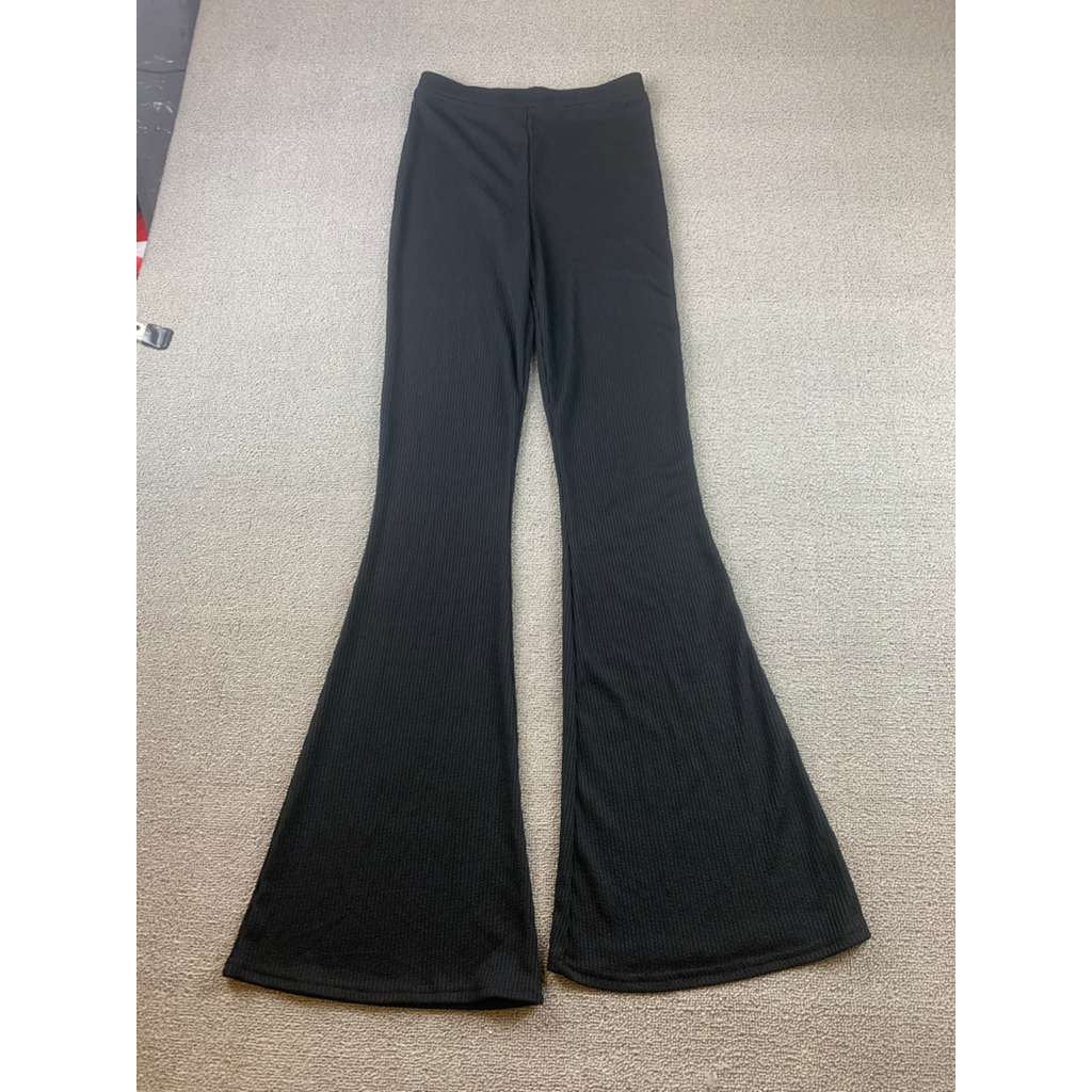 Nasty Gal Collection Ribbed Flared Knit Pants Women 4 Black High Waist Pull On