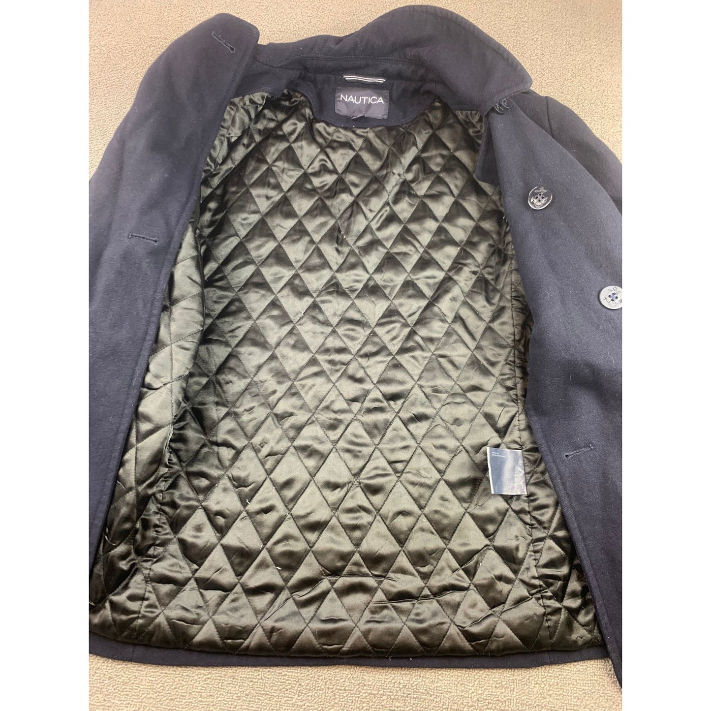 Nautica Black Wool Blend Peacoat Coat Jacket Mens Size Medium Quilted Lining