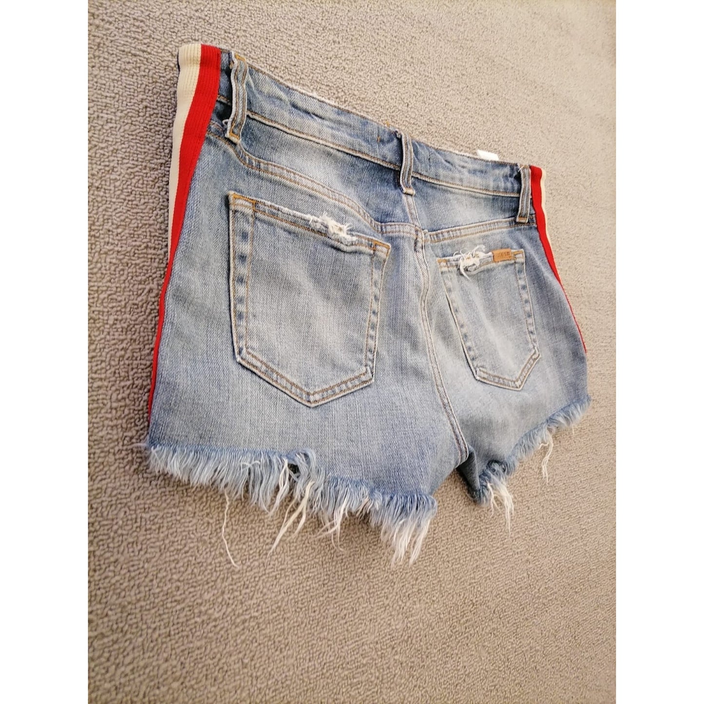 Joe’s Women’s 29 Denim Cutoff Shorts – Blue Hem with Red White Side Stripes