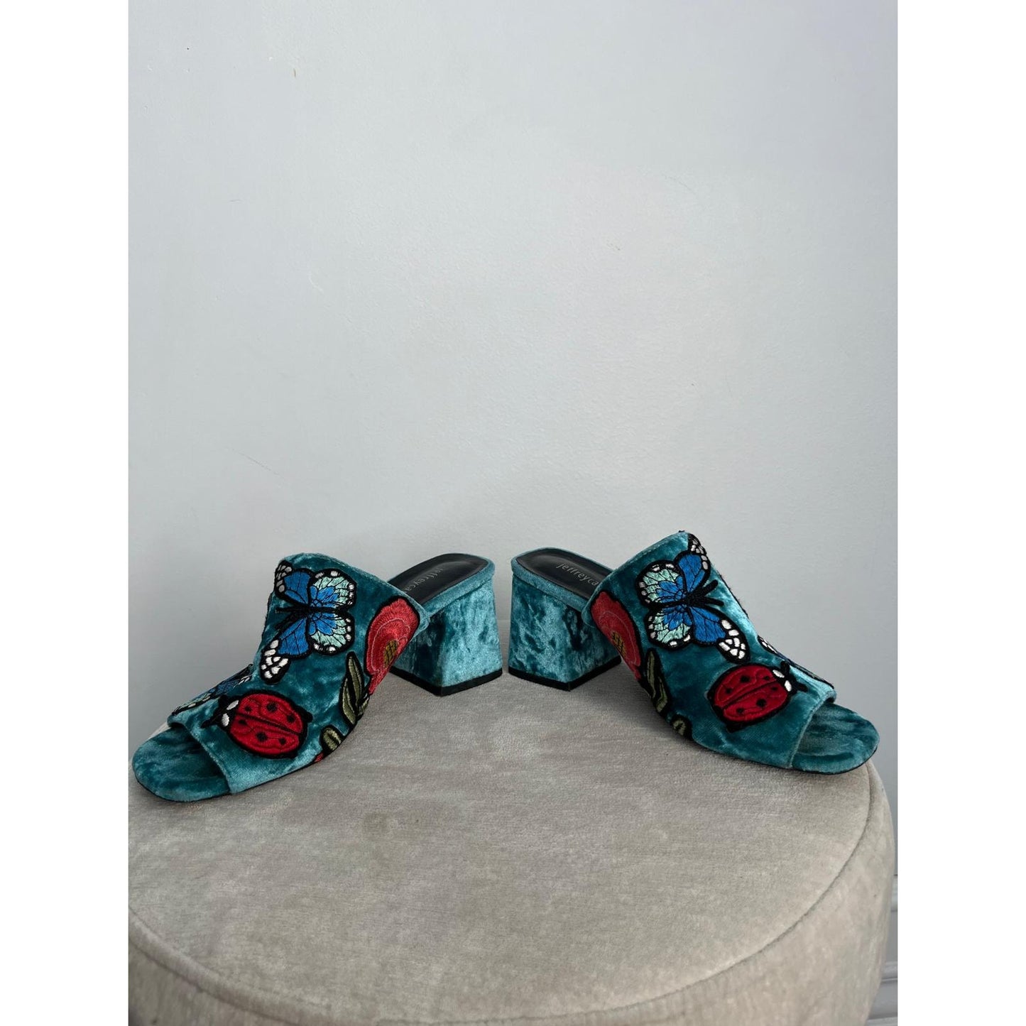 Jeffrey Campbell Velvet Embroidered Women 6 Blue Floral Butterfly Block Heel