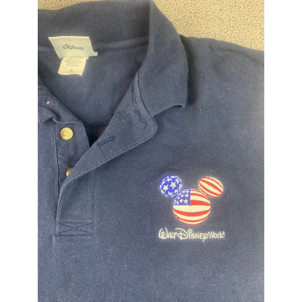 Vintage Walt Disney World Polo Shirt Men M Navy American Flag Embroider Mickey