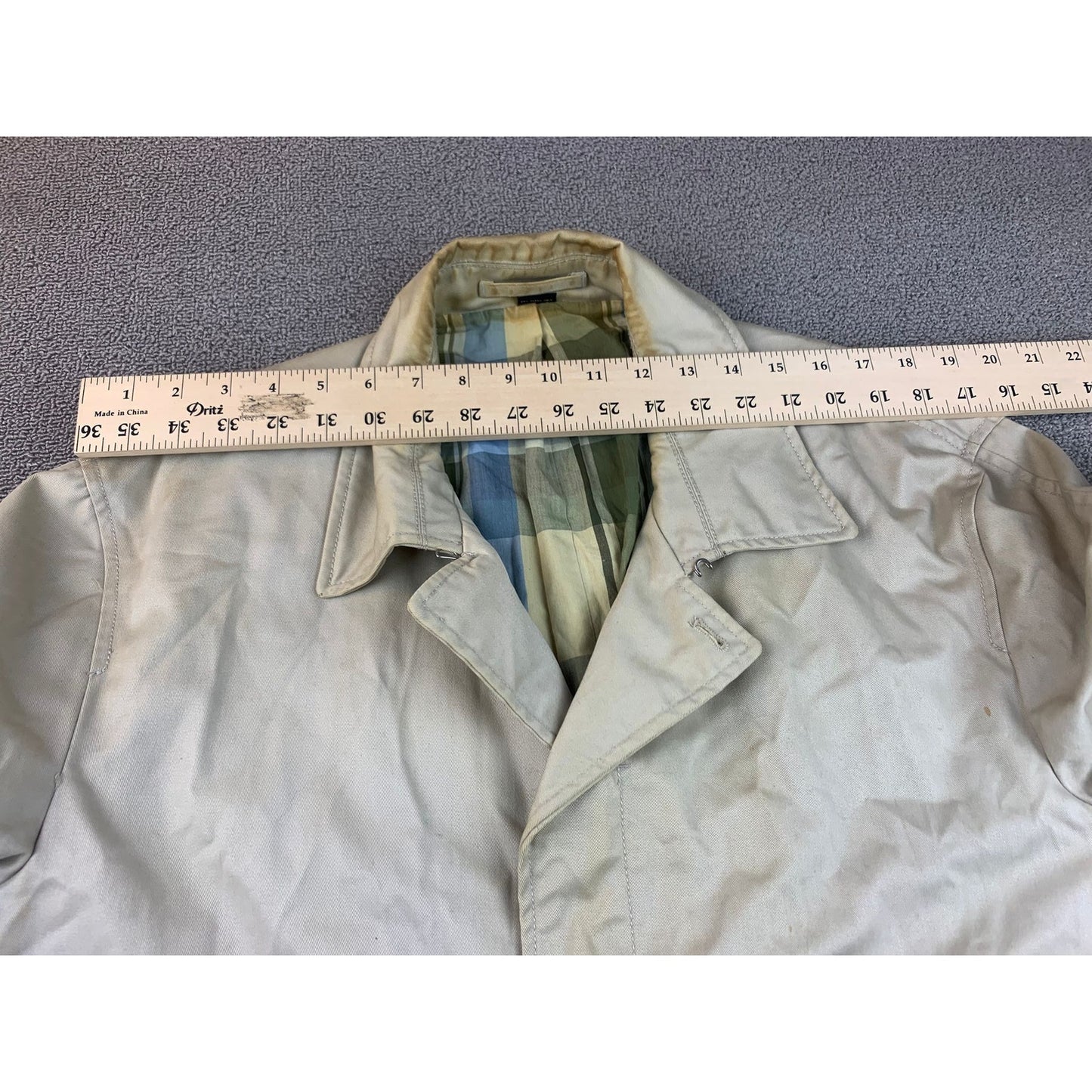 J. Crew Men's XL Beige Green Blue Full Length Checkered Plaid Lined Rain Coat
