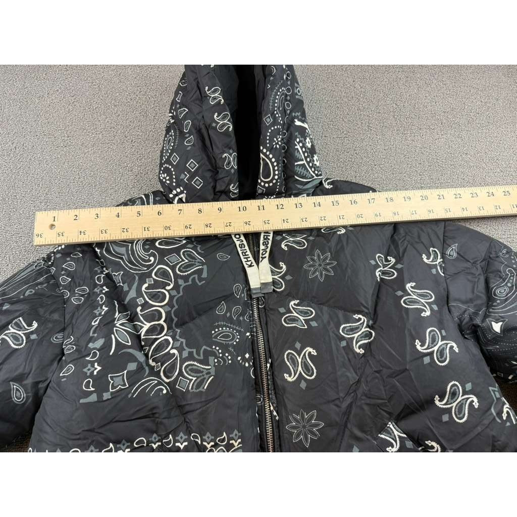 KHRISJOY Puffer Jacket Women 2(L) Black Down Hooded Bandana Print Italy Madede