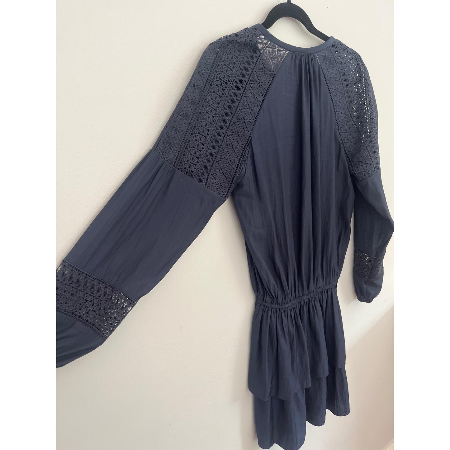 Ramy Brook Mini Dress Women M Navy Blue Lace Panel Long Sleeve Boho