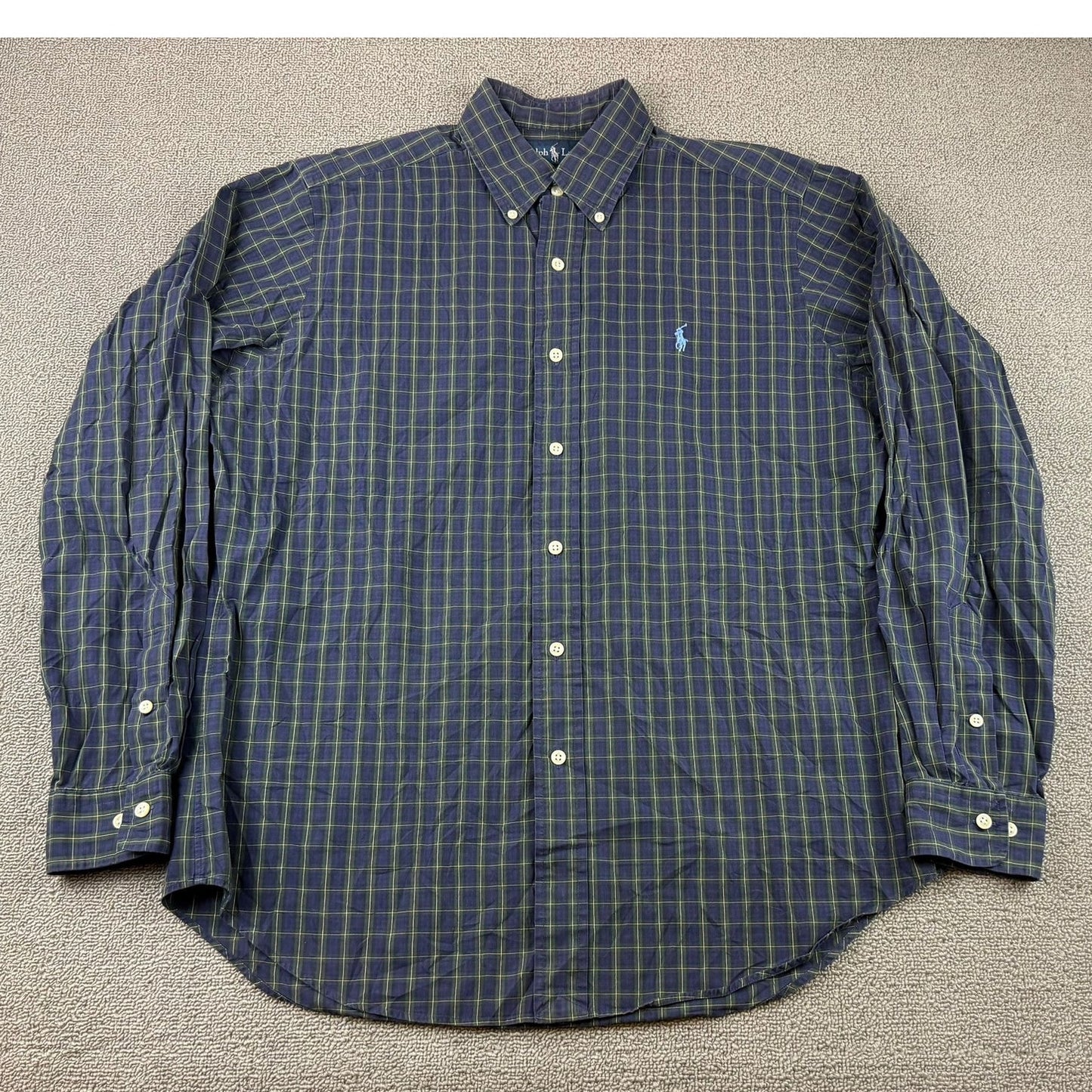 Ralph Lauren Vintage Button Down Shirt Men M 15.5 34/35 Blue Green Plaid HK