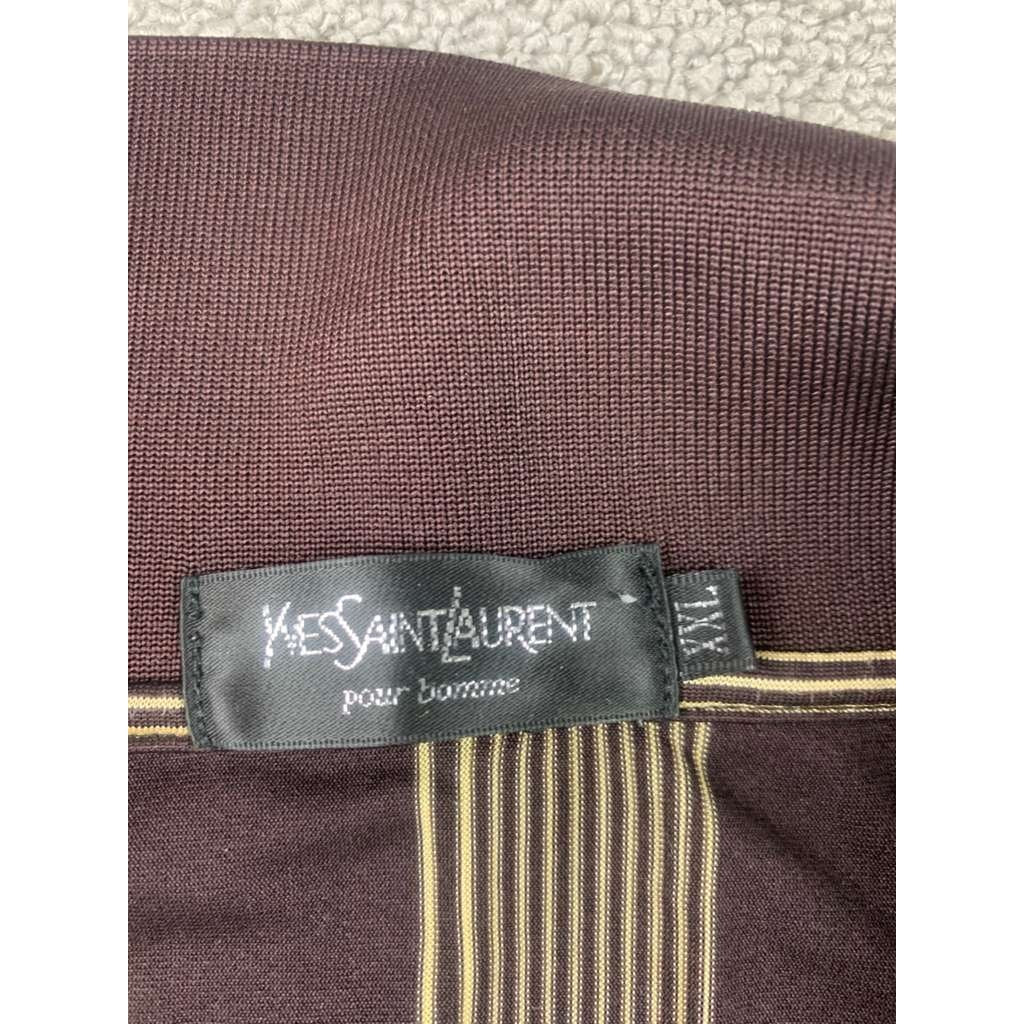 Yves Saint Laurent Polo Men XXL Brown Tan Shirt Vertical Stripe Embroidered Logo