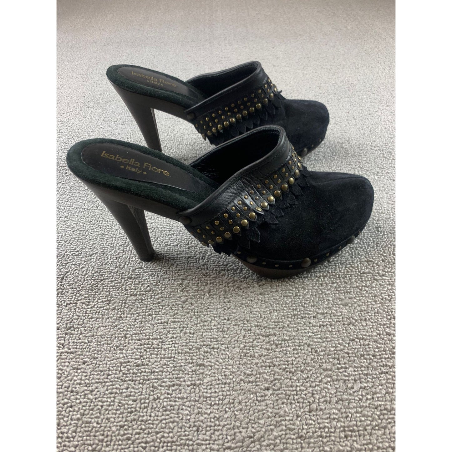 Isabella Fiore Suede Clogs Heel Shoes Womens 8 Made in Italy Fringe Studded