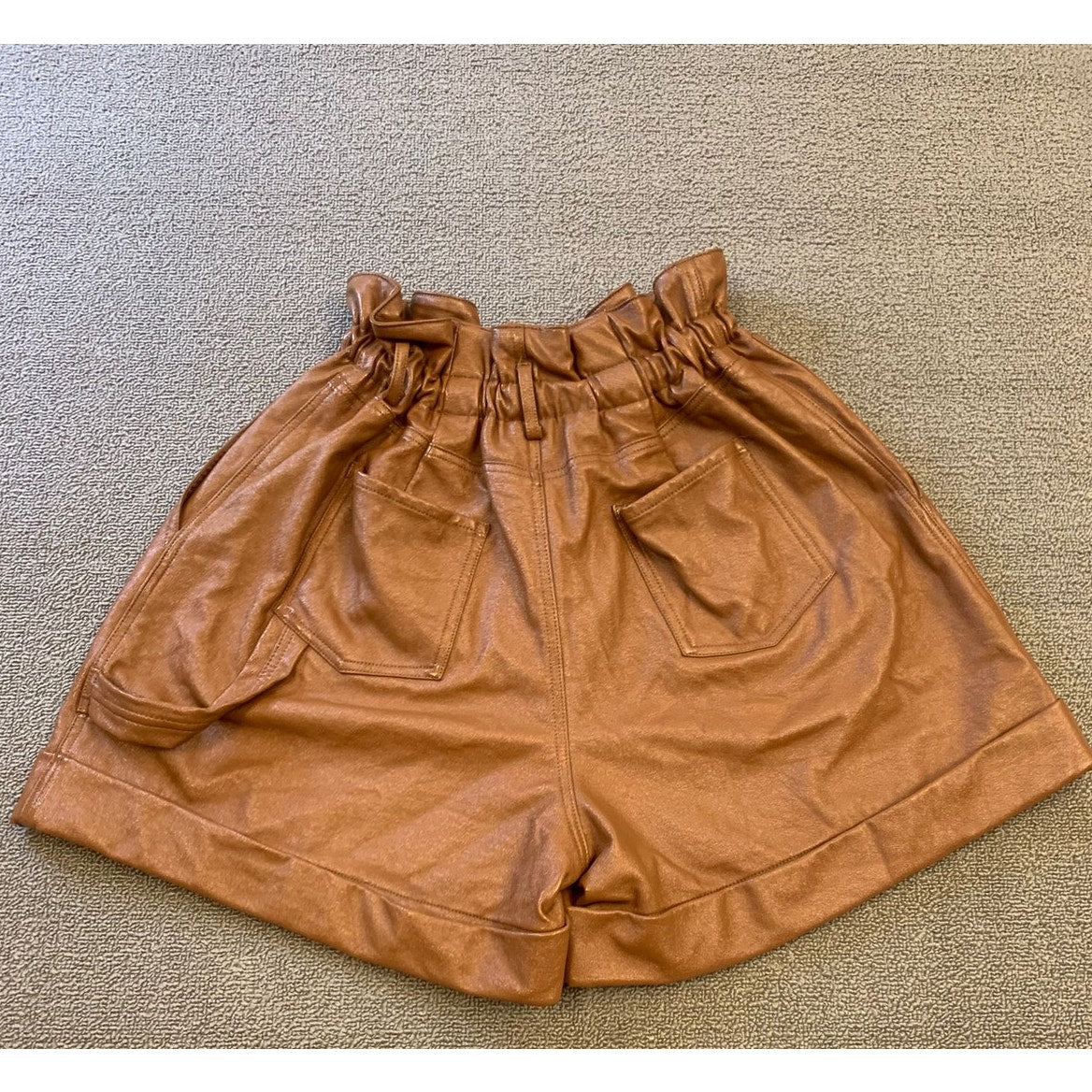 Ronny Kobo Women Large Brown Faux Leather Paperbag Shorts