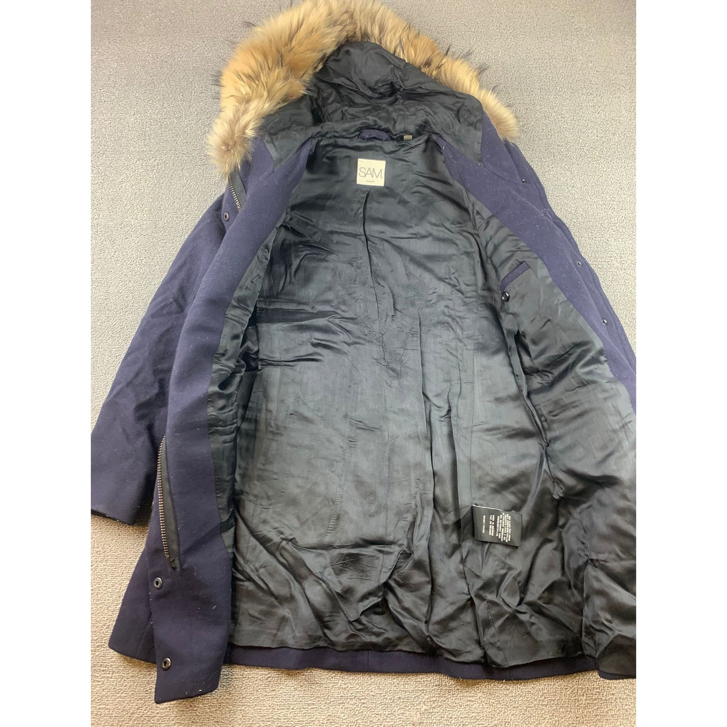 SAM Parka Women's Size Small Blue Jacket Wool Blend Real Fur Hood