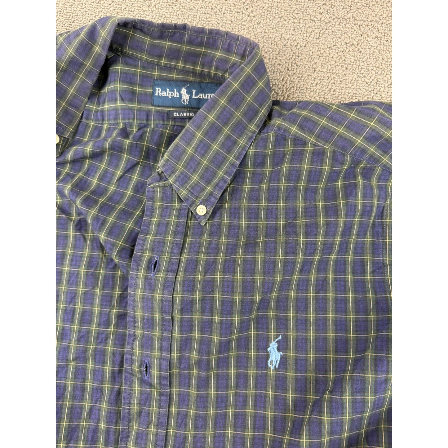 Ralph Lauren Vintage Button Down Shirt Men M 15.5 34/35 Blue Green Plaid HK