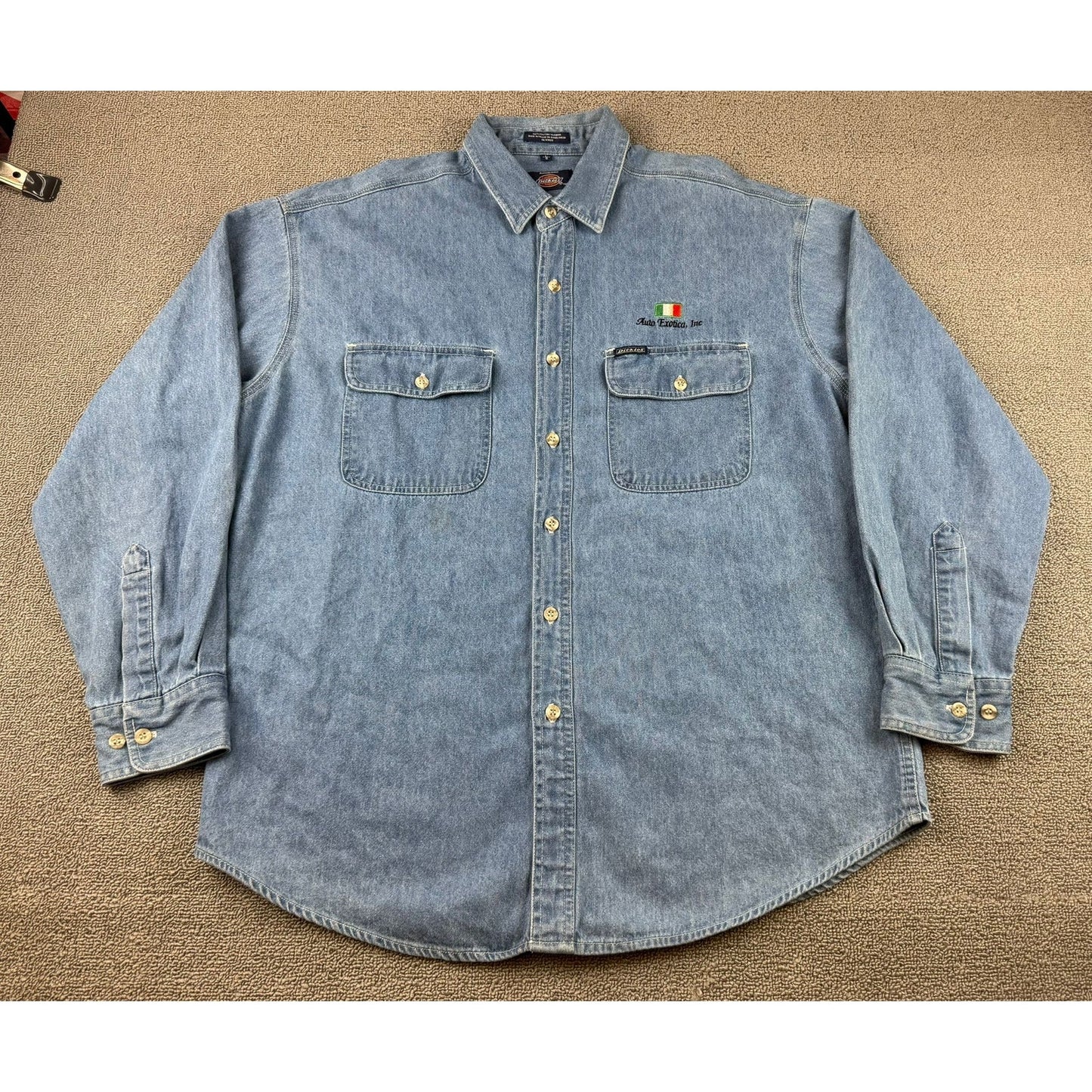 Y2K Dickies Denim Shirt Blue L Button Down Embroidered Auto Erotica Italy Flag