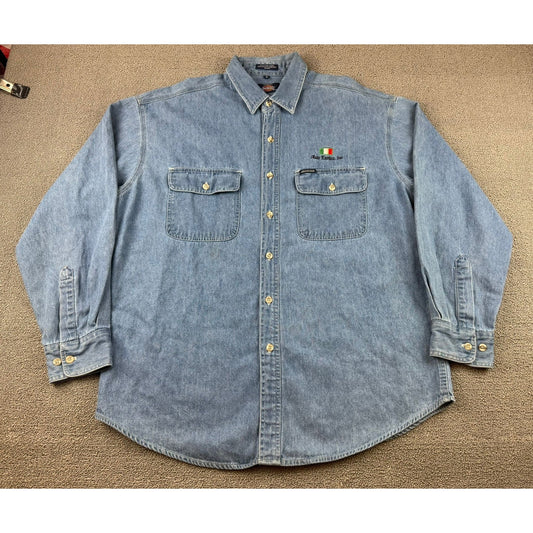 Y2K Dickies Denim Shirt Blue L Button Down Embroidered Auto Erotica Italy Flag