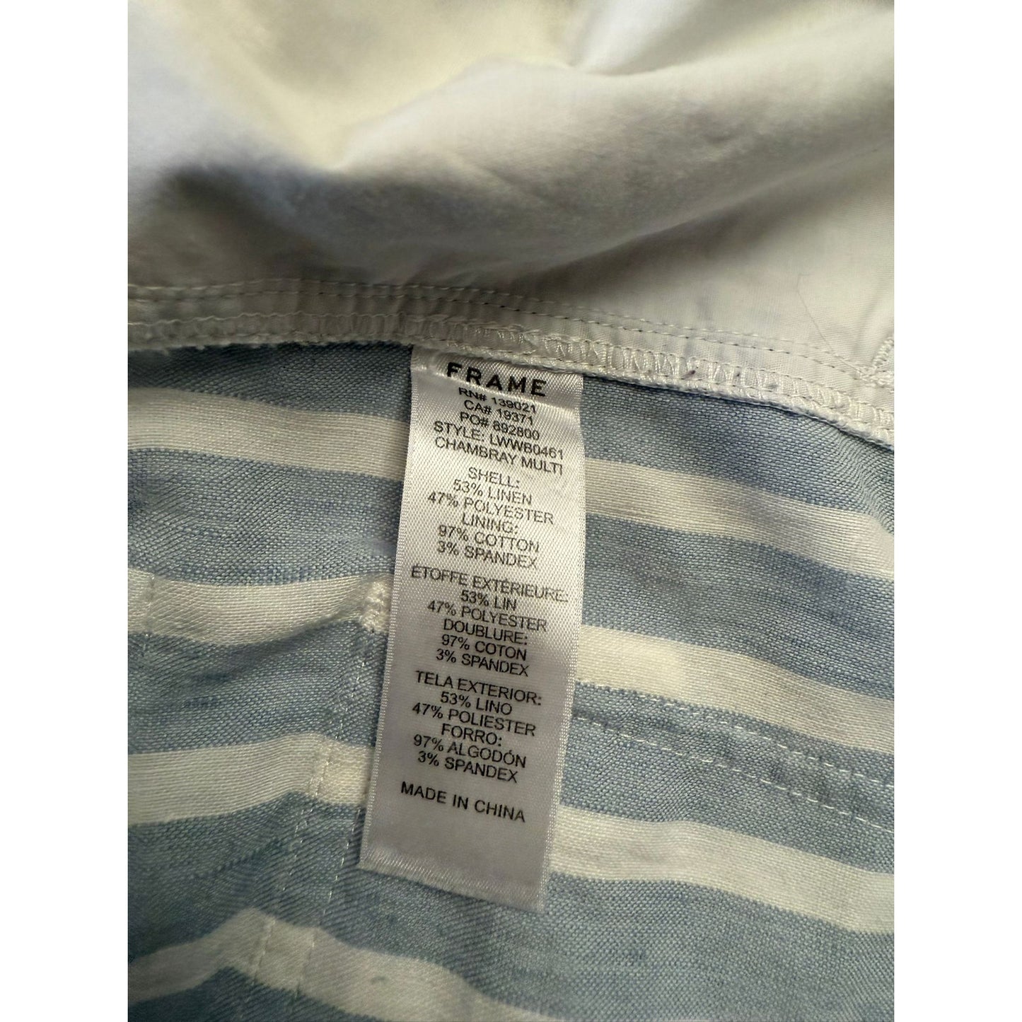 FRAME Women's 6 Casual Linen Blend Shorts Chambray Light Blue Stripe