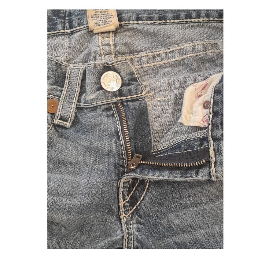 True Religion Womens 32 Light Wash Blue Bootcut Distressed Ripped Jeans