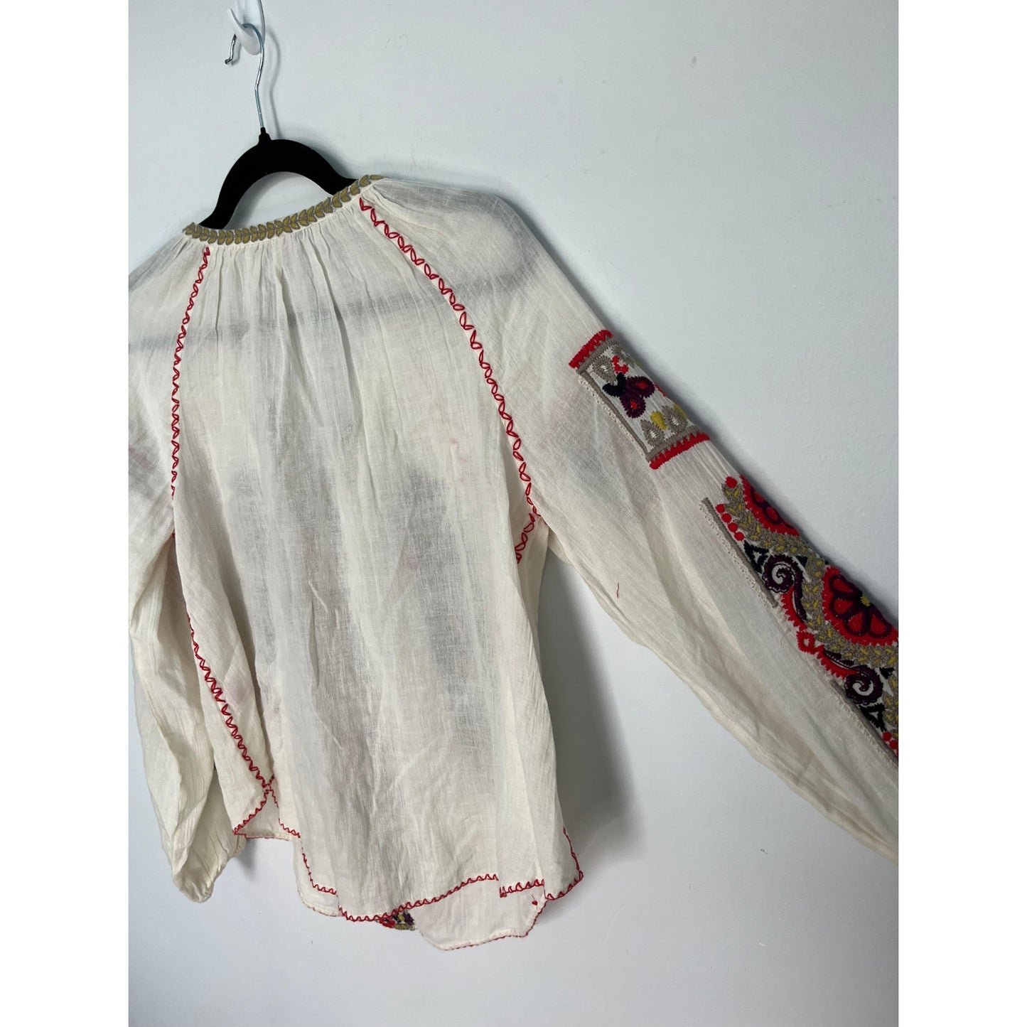 Calypso St Barth Embroidered Boho Blouse Women XS Cream Red Peasant Top