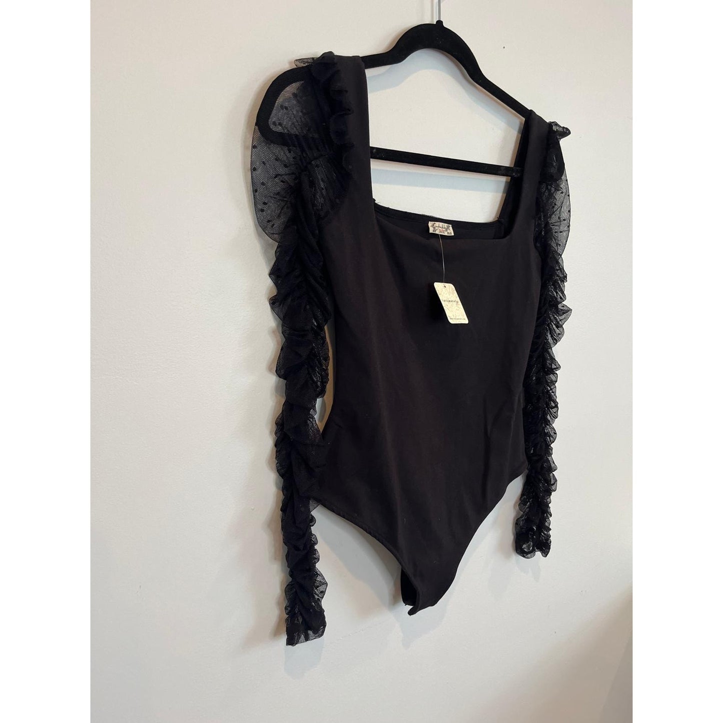 Free People Bodysuit Women S Black Mesh Ruffle Sleeve Sheer Tulle Trim