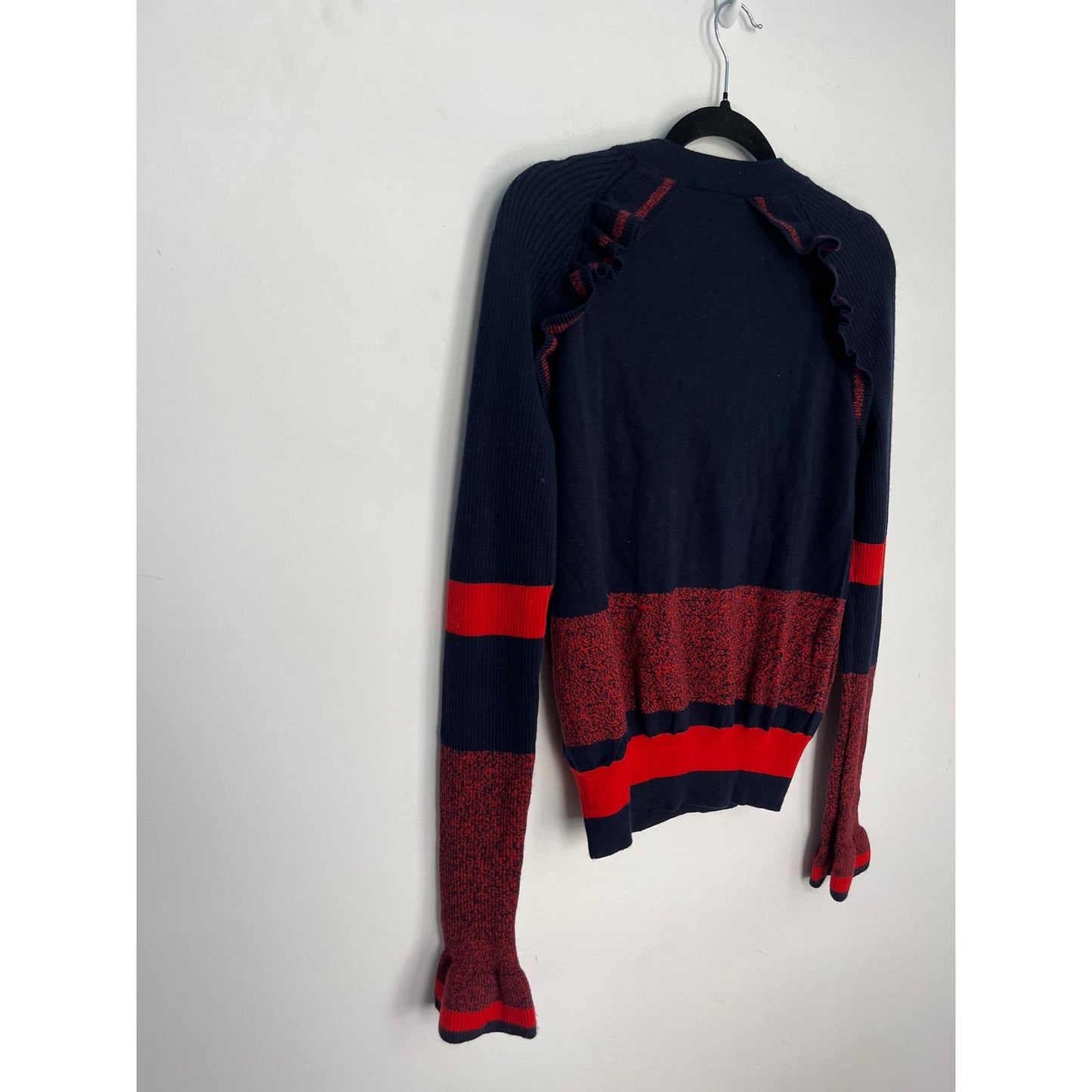 Escada Sport Ruffle Cardigan Women L Navy Red Knit Button Up Sweater