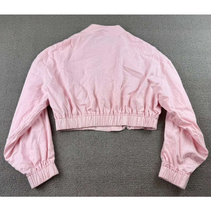 Zara Cropped Jacket Women S Pink Zip Front Elastic Hem Long Sleeve Ribbed Cuffs