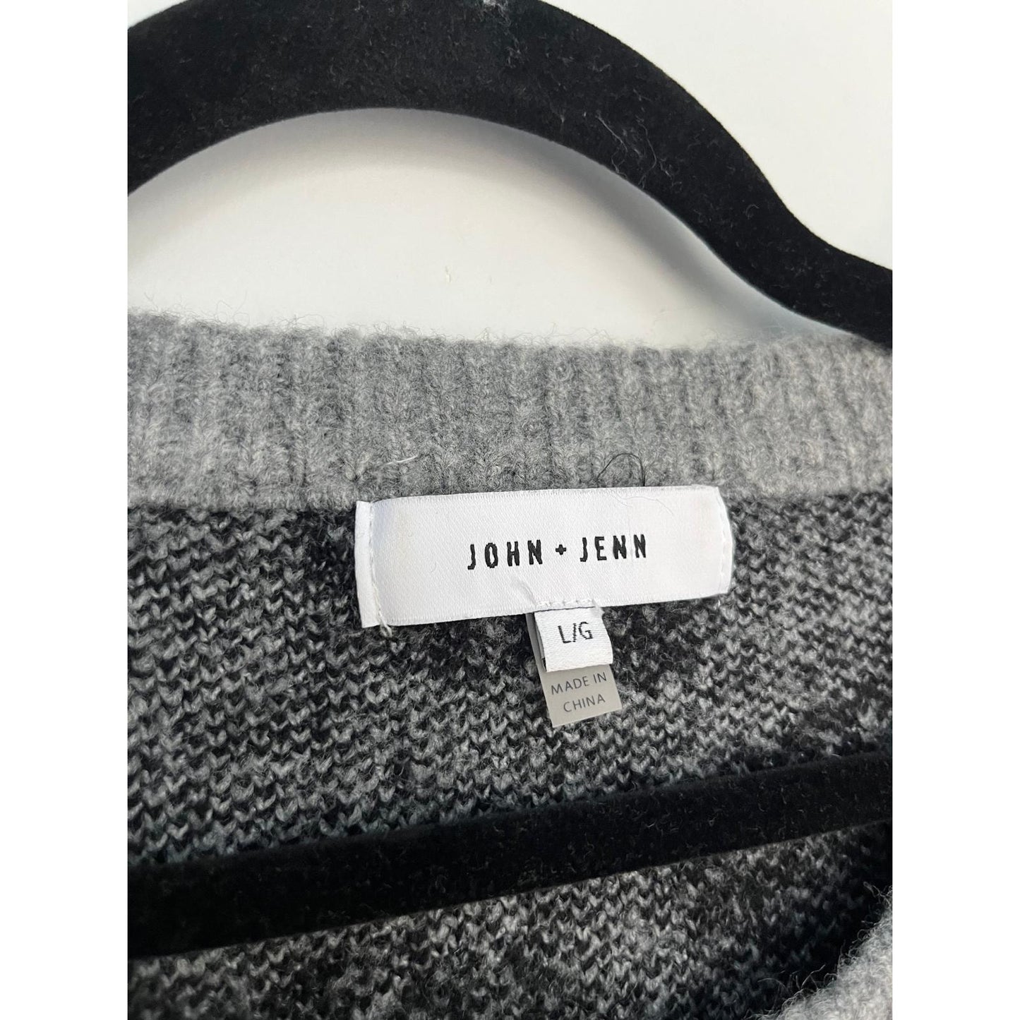 John + Jenn Sweater Women L Gray Leopard Stripe Knit Pullover Fuzzy Cozy