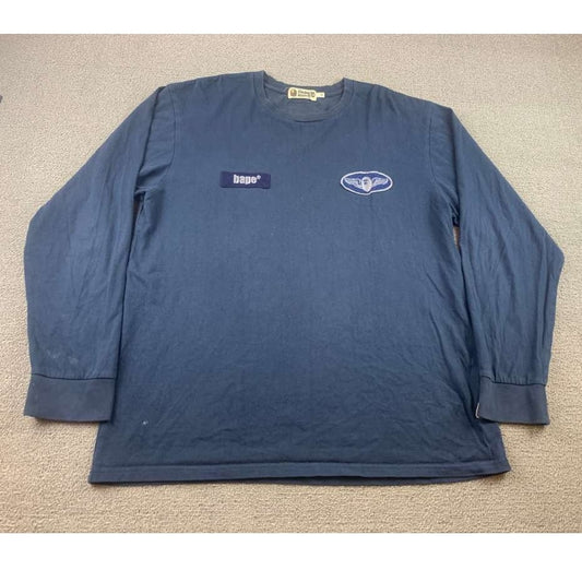 A Bathing Ape Long Sleeve T Shirt Men XL Navy Chest Logo Patch Tag Streetwear