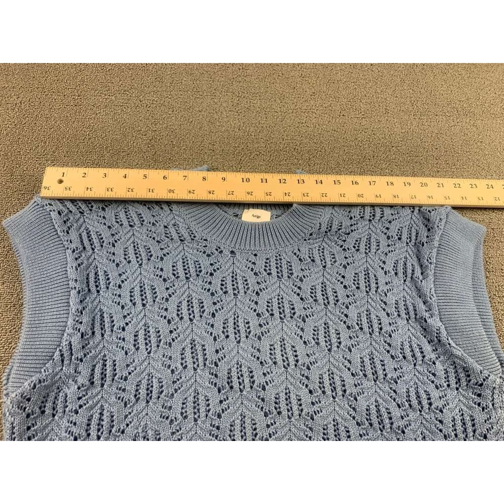 An’ge Ange Sweater Vest Women S/M Blue Open Knit Eyelet Sleeveless Preppy