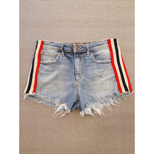 Joe’s Women’s 29 Denim Cutoff Shorts – Blue Hem with Red White Side Stripes