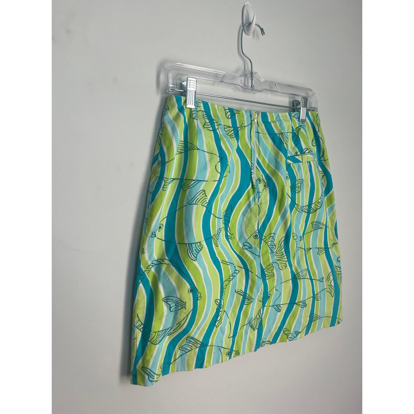 Lilly Pulitzer Mini Vintage Skirt Women 6 Green Blue Fish Print Cotton Beach