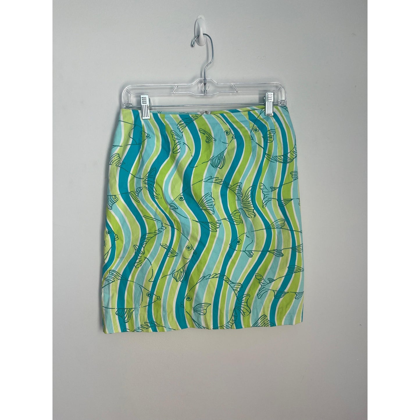 Lilly Pulitzer Mini Vintage Skirt Women 6 Green Blue Fish Print Cotton Beach