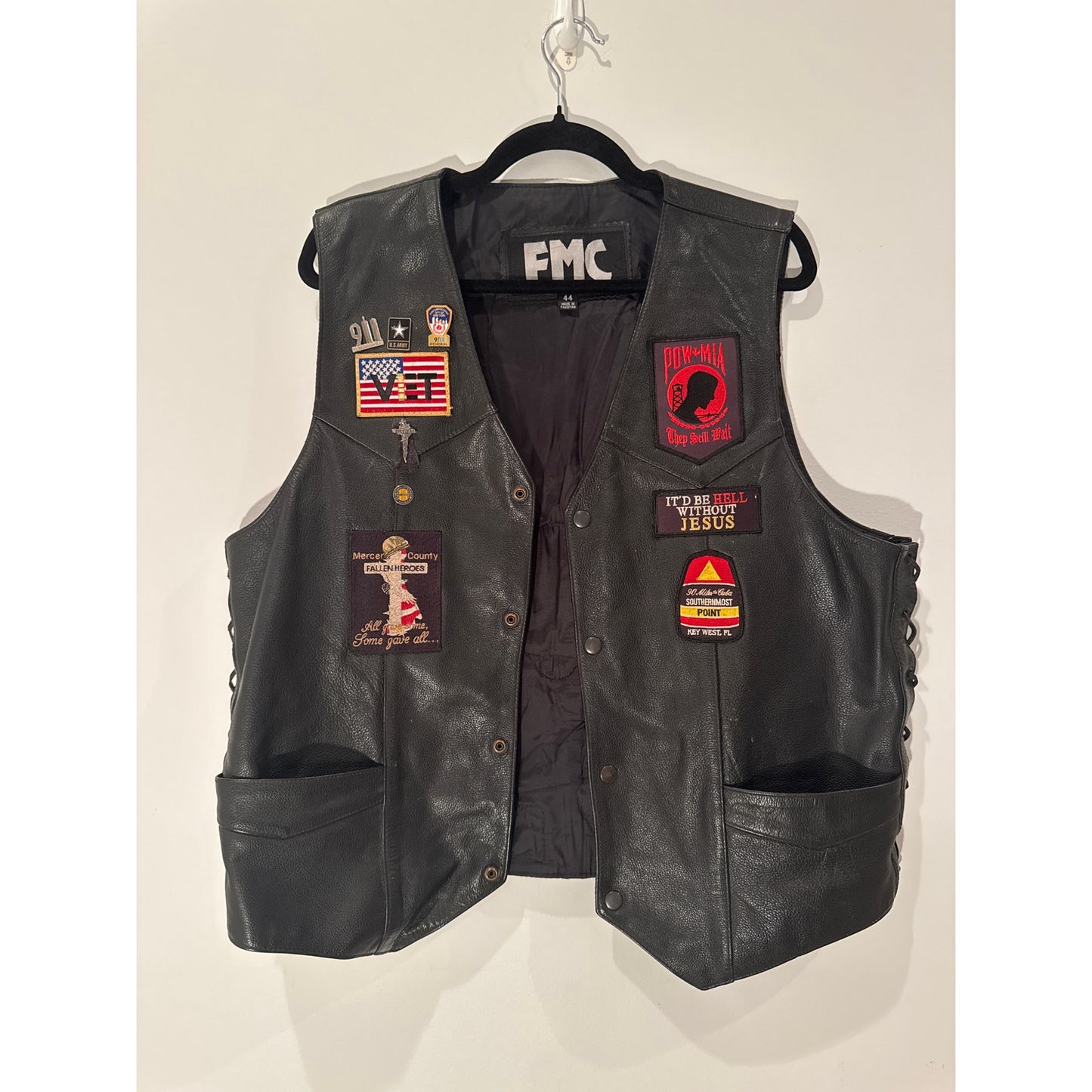FMC Leather Motorcycle Vest with Patches – Size 44– Biker/Veteran Style