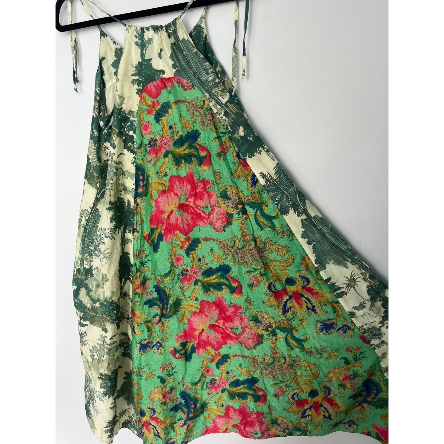 Maeve Sundress Women XS Green Scenic Print Tie Strap Boho Summer Dress