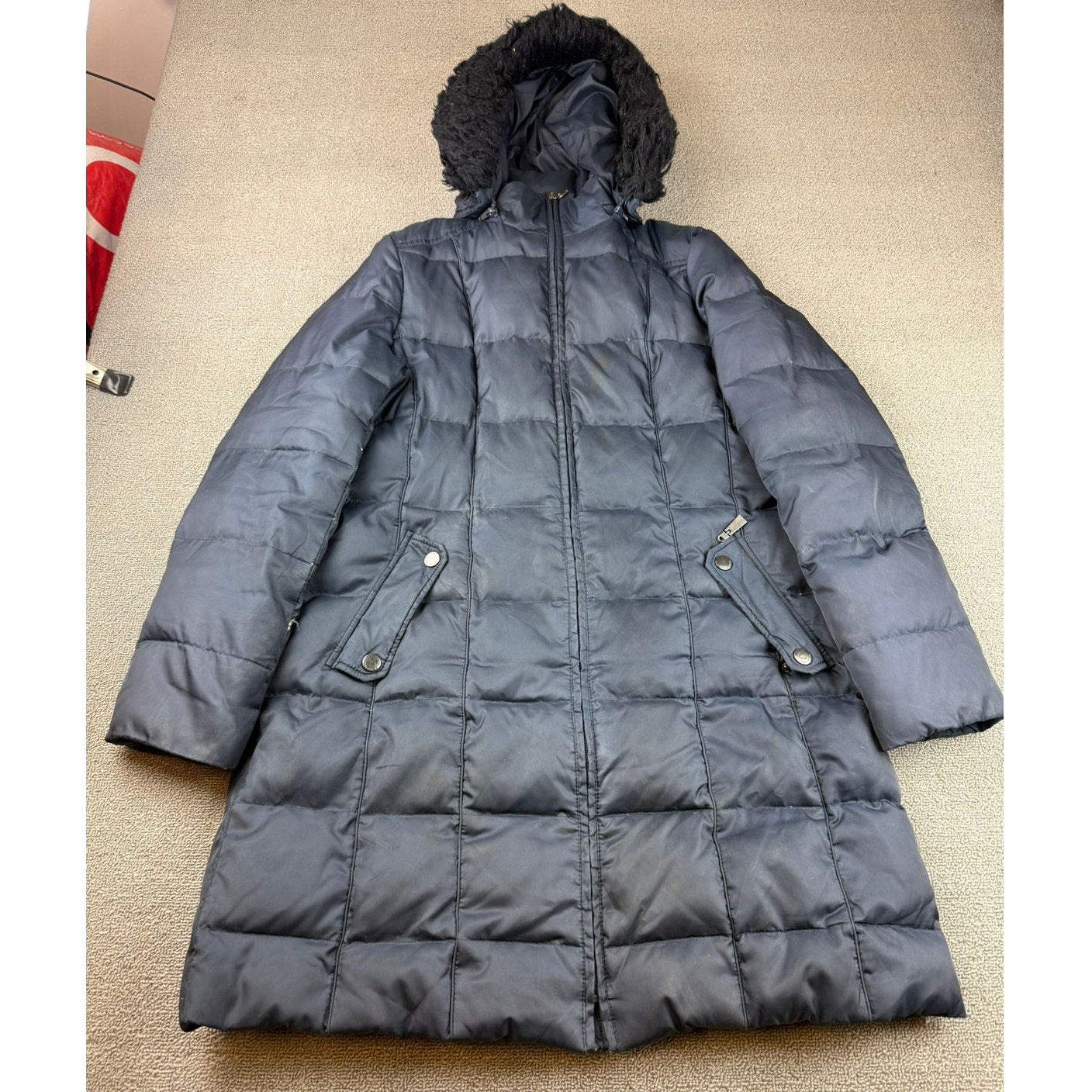 Nautica Women's Medium Navy Blue Hooded Fur Trim Puffer Coat