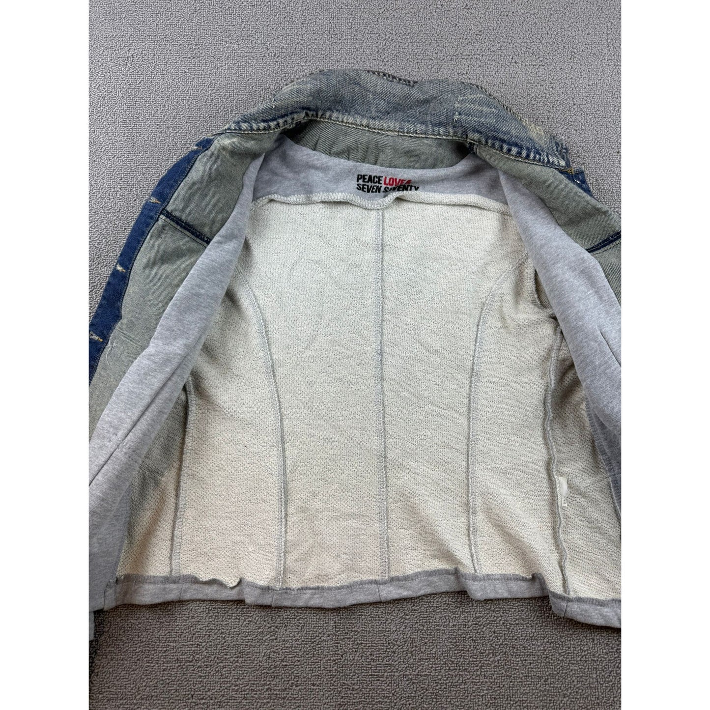 Peace Love & Seven Seventy Women's Small Graphic Patchwork Art Denim Mix Jacket