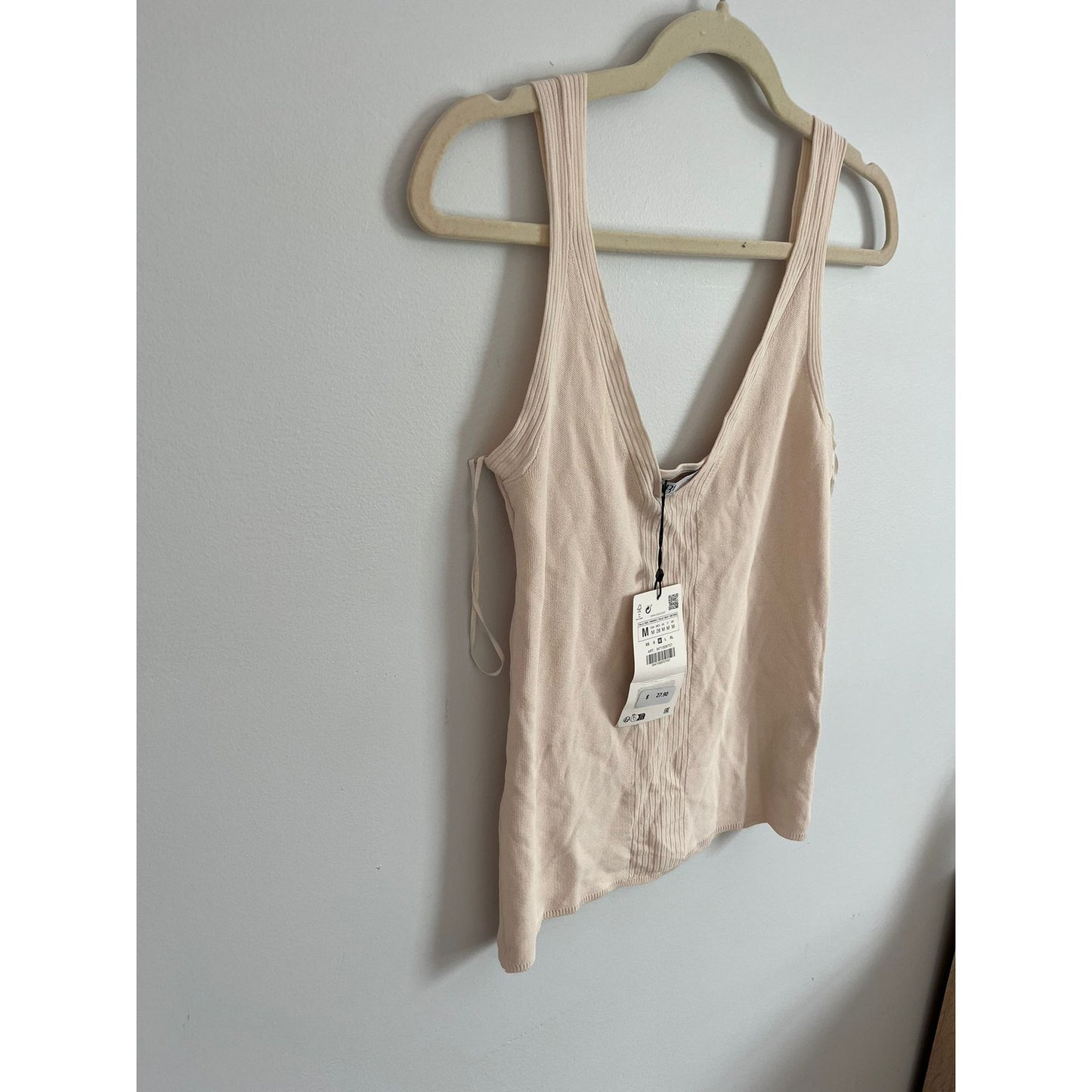 ZARA Tank Top Women M Beige Ribbed Knit Square Neck Sleeveless