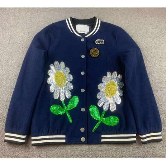 Signature 8 Varsity Bomber Jacket Women S Navy Blue Sequin Daisy Floral