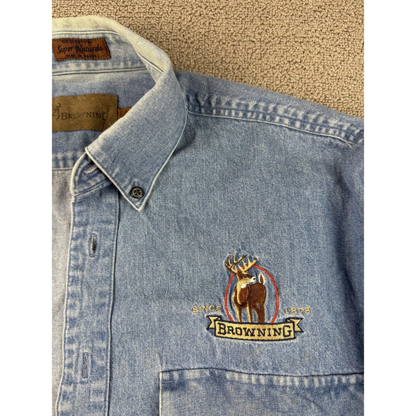 Browning Men’s Denim Button Down Shirt Large Embroidered Buck Logo Macau 90's